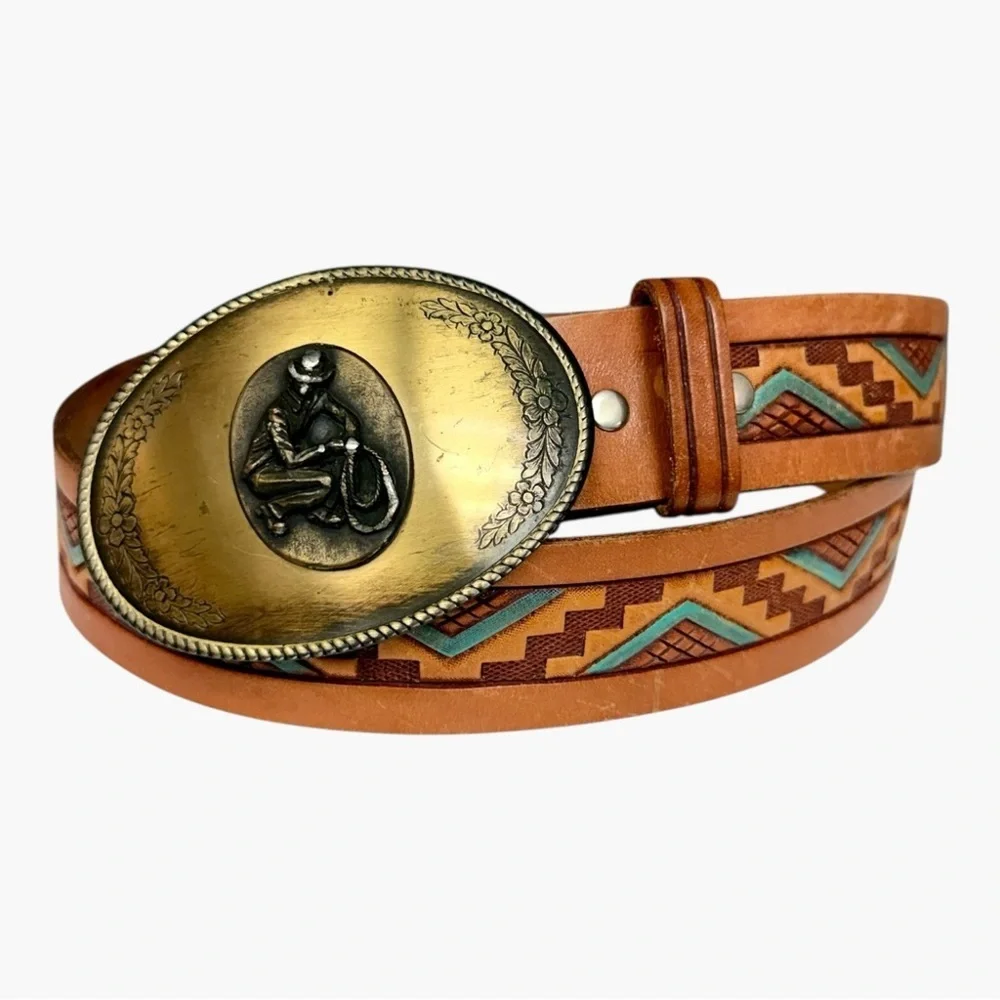 Vintage Chambers Leather Western Belt Tan Tooled Painted Brass Cowboy Buckle